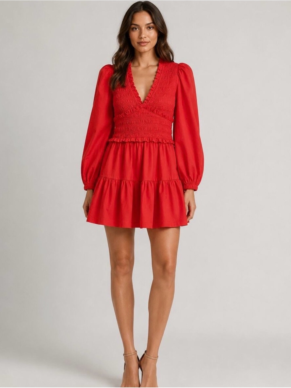 Sea New York Red Smocked V-Neck Long Sleeve Mini Dress